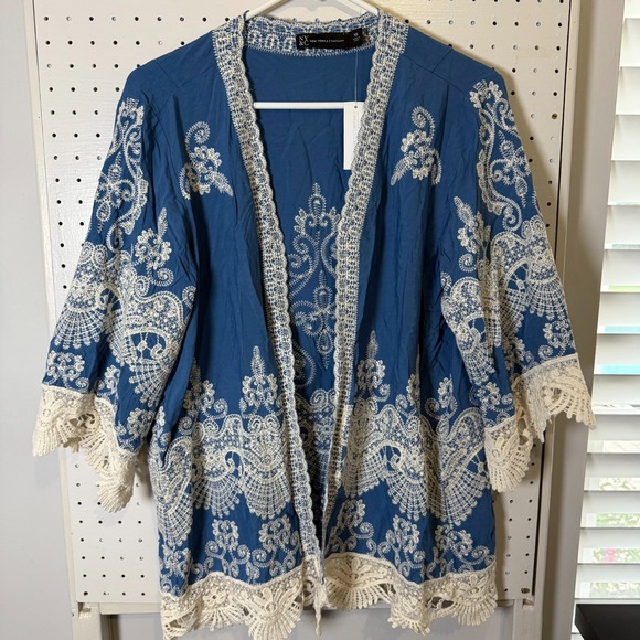 NYC Sweaters - New York & Company Kimono Cardigan Women's XS Blue Rayon Open Front Crochet NWT